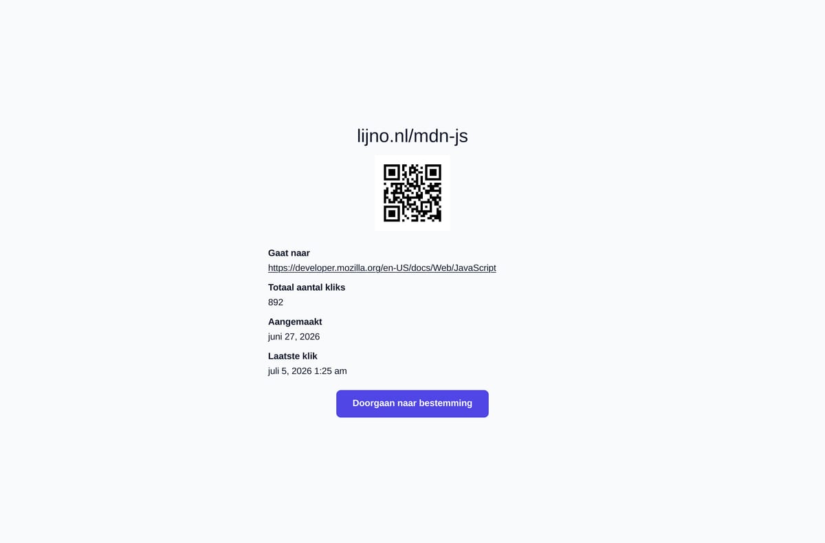 De +-infopagina: bestemming, aantal kliks, aanmaakdatum en een QR-code.