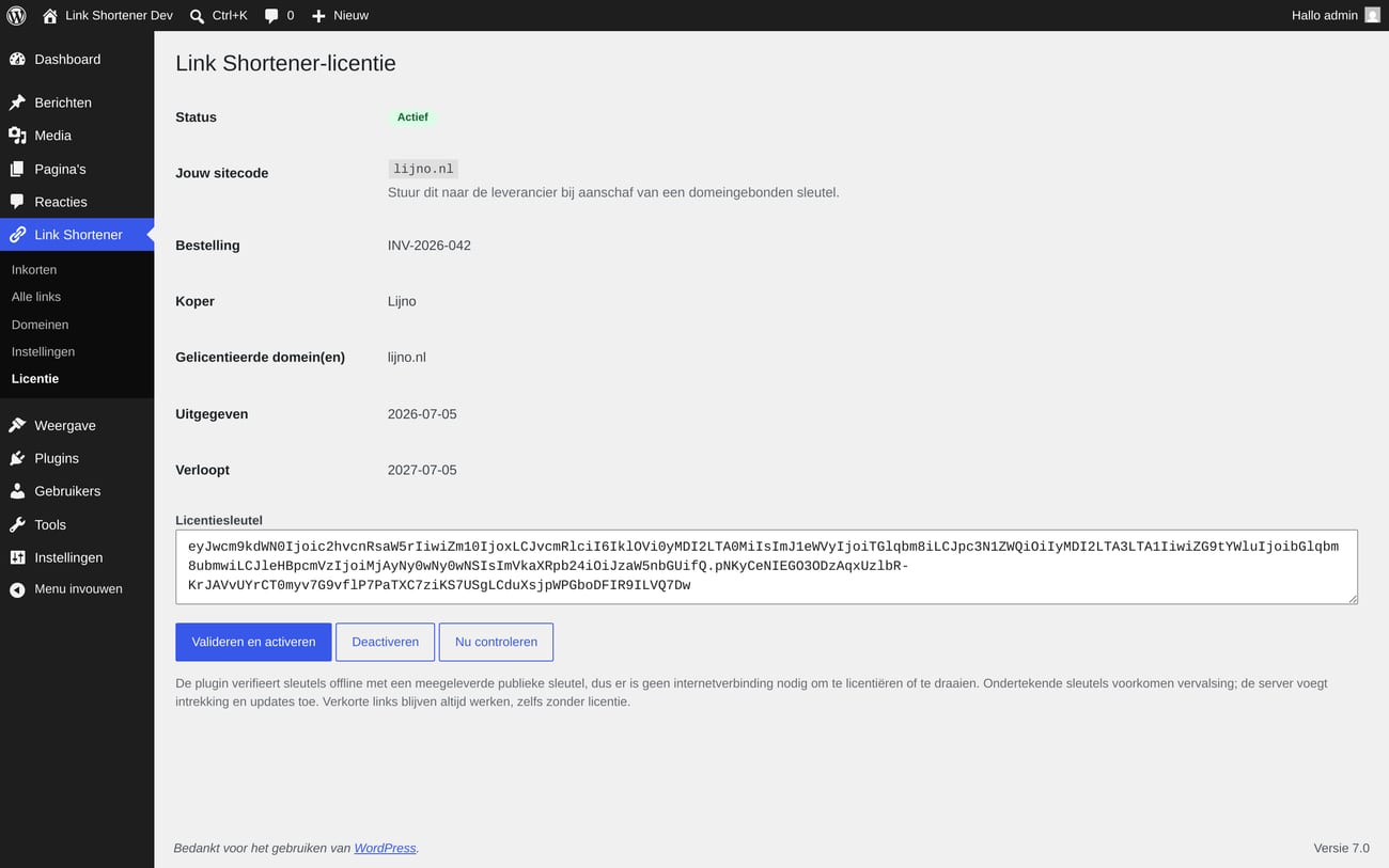 Licentiescherm: voer je sleutel in en de plugin is geactiveerd.