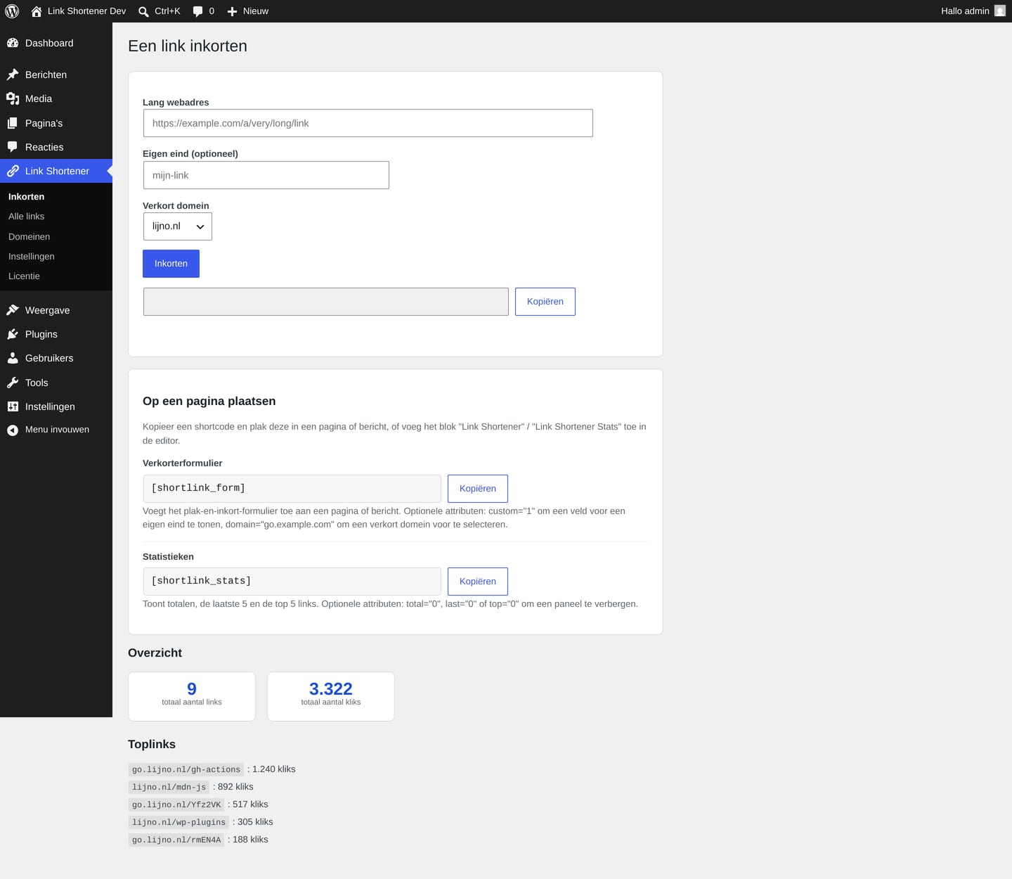 Inkorten in de backend met een direct resultaat en een overzicht van totalen en toplinks.